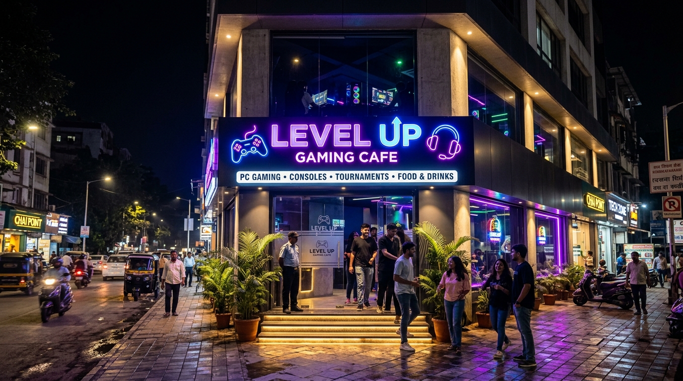 PixelBite gaming cafe exterior with neon signage at night