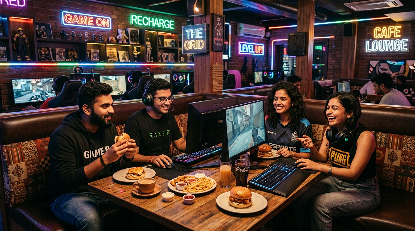 Friends enjoying food and gaming together at PixelBite