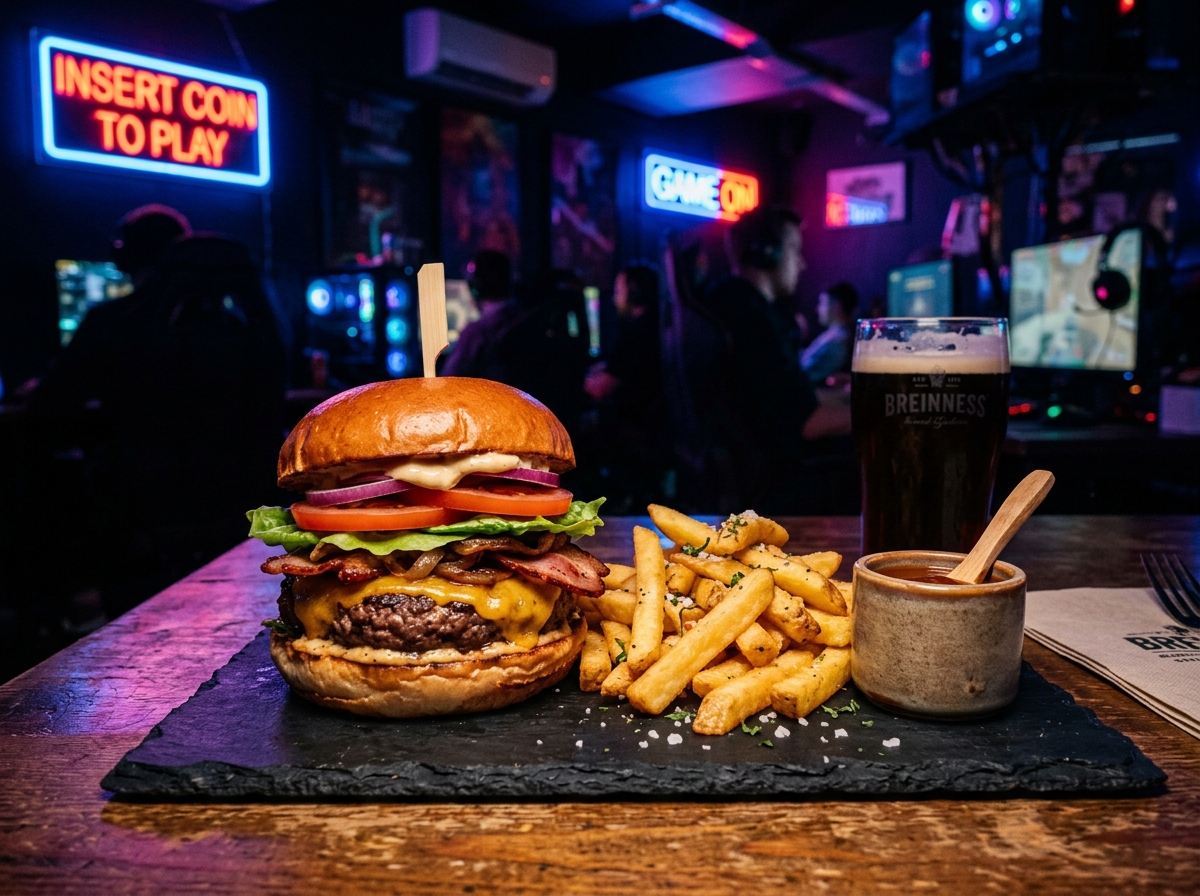 PixelBite Signature Burger with golden fries