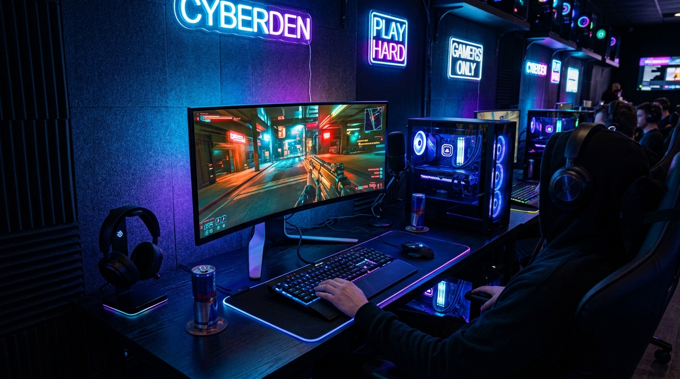 High-end gaming PC station at PixelBite with RGB setup