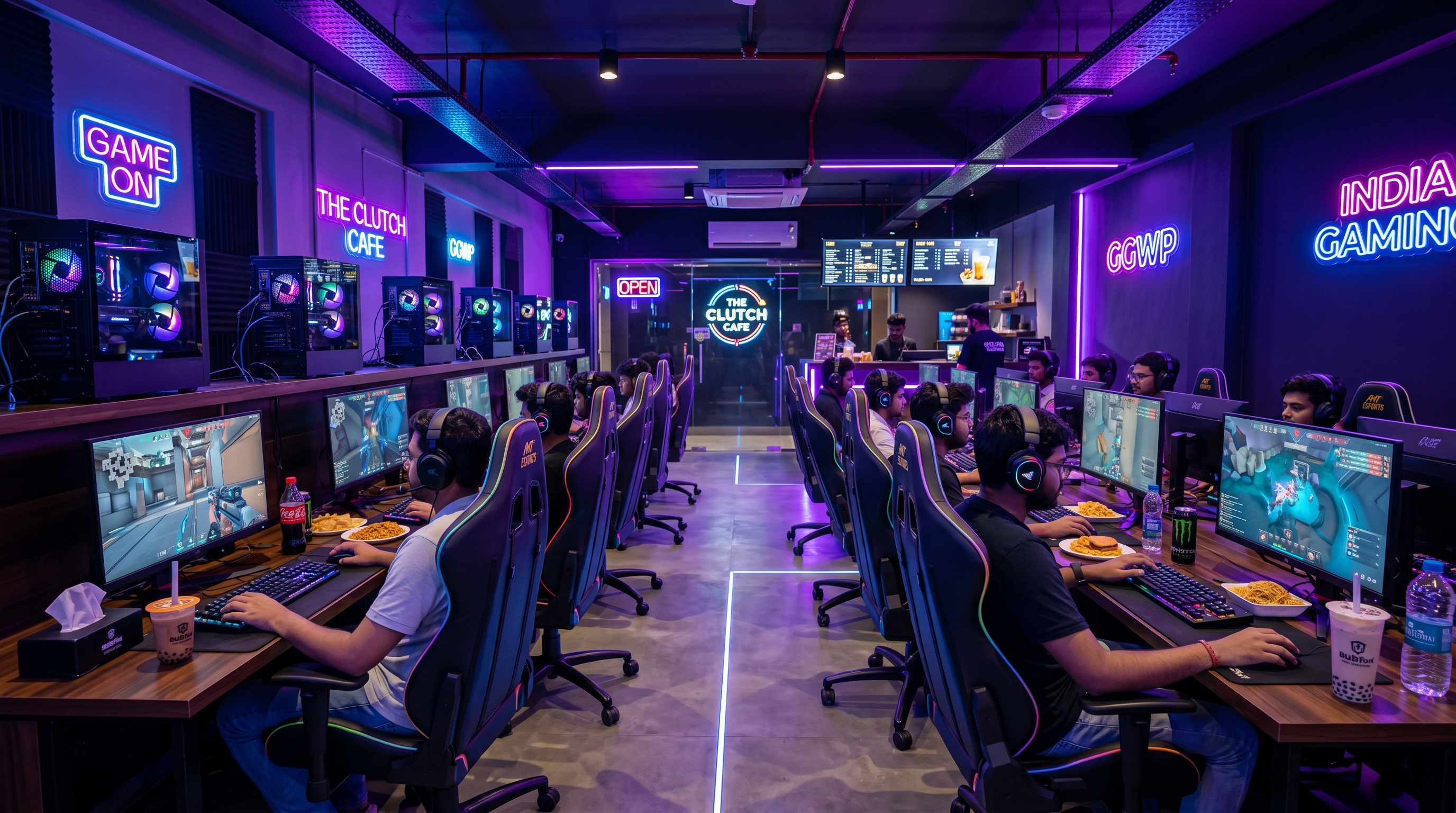 PixelBite gaming cafe interior with neon lights and gaming stations